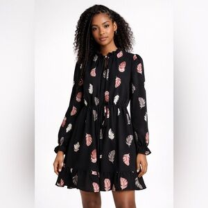 SHEIN Black Feather Pattern Long Sleeve Dress